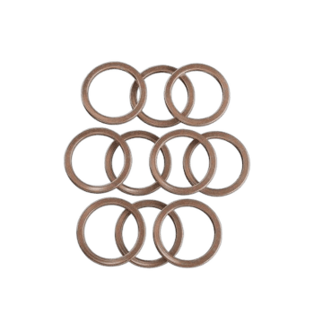 Set of six copper washers used in automotive or mechanical applications, arranged in a grid pattern.
