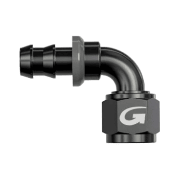 High-quality black racing fuel hose fitting with GPR Direct branding, designed for motorsport applications.