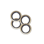 Close-up of four metal bonded washers used in automotive and racing applications, showcasing their durability and precision.