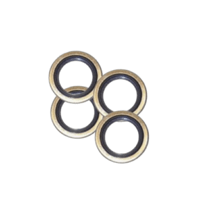 Close-up of four metal bonded washers used in automotive and racing applications, showcasing their durability and precision.
