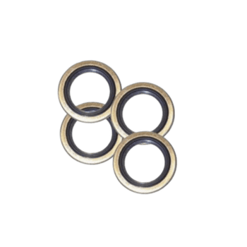 Close-up of four metal bonded washers used in automotive and racing applications, showcasing their durability and precision.