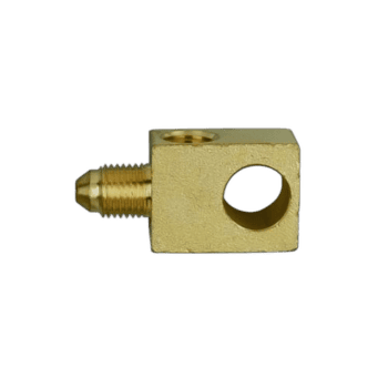 Grand Prix Racewear brass banjo adaptor block with 7/16 locating hole for racing brake systems.