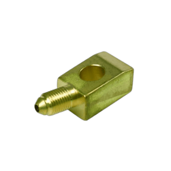 Gold-colored Grand Prix Racewear angled banjo fitting with 3/8 inch hole for racing brake lines.