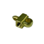 Close-up of a brass Grand Prix Racewear rear tee block with M10 x 1,00 female and 3/8 x 24 male fittings for racing car applications.