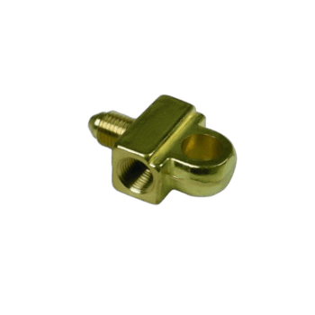 Close-up of a brass Grand Prix Racewear rear tee block with M10 x 1,00 female and 3/8 x 24 male fittings for racing car applications.