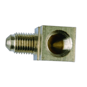 Close-up of a metal screw with a square head and threaded shaft, used in racing car assembly and maintenance.