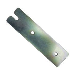 Metallic Grand Prix Racewear component with two holes and a notched end, used in racing gear assembly.