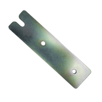 Metallic Grand Prix Racewear component with two holes and a notched end, used in racing gear assembly.