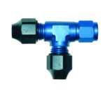 Blue anodised brake line fitting for racing vehicles, showcasing high-quality metal construction and precision engineering.