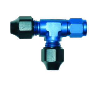 Blue anodised brake line fitting for racing vehicles, showcasing high-quality metal construction and precision engineering.