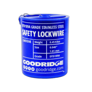 Goodridge safety lockwire in blue container with detailed specifications for high-performance racing applications.