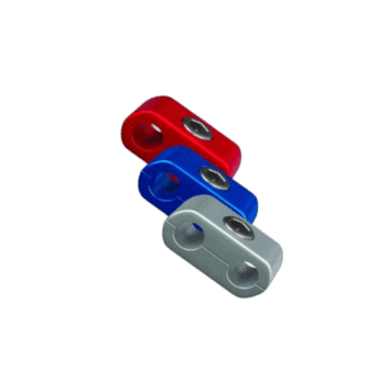 Grand Prix Racewear hose separators in red, blue, and silver for automotive applications.
