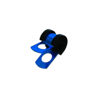 Grand Prix Racewear aluminium P clip tube clamp in blue with black rubber padding for secure pipe fastening.