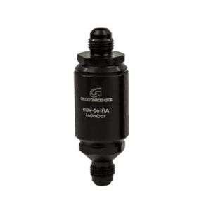 Grand Prix Racewear FIA approved Goodridge Roll Over Valve for vehicle safety, 160mbar pressure rating, black finish.
