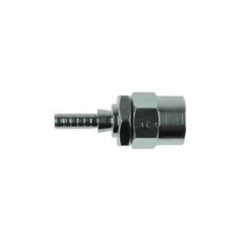 Close-up of a Goodridge 600 series BSP crimp fitting for hydraulic hoses, showcasing precision engineering and durable metal construction.