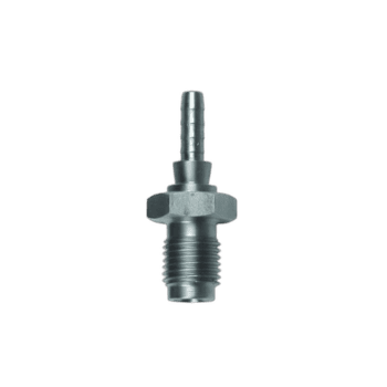 Close-up of a metal male hydraulic fitting with threaded end and plated finish for durability.