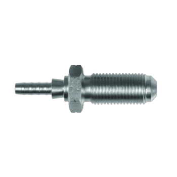 Close-up of a straight male bulkhead fitting for racing and automotive applications, made of durable metal.