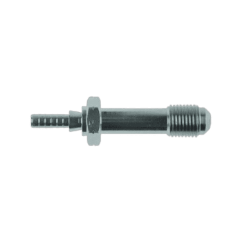 Close-up of a straight male bulkhead convex seat fitting for racing cars, made of durable metal.
