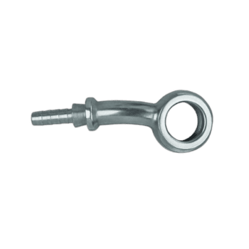 Close-up of a metal banjo fitting with a ring connector, used in high-performance racing brake systems.