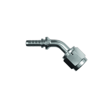 High-pressure concave 45° swept tube female fitting for racing applications, made of durable metal.
