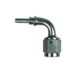 Close-up of a metal 90° swept tube female concave seat fitting for high-performance racing applications.