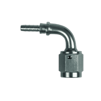 Close-up of a metal 90° swept tube female concave seat fitting for high-performance racing applications.