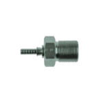 Close-up of a metal fitting with 3/8x24 UNF thread and barbed end, used in racing and automotive applications.