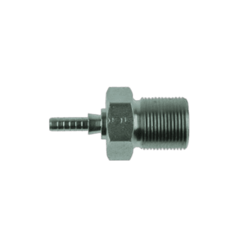 Close-up of a metal fitting with 3/8x24 UNF thread and barbed end, used in racing and automotive applications.