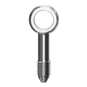 Close-up of a straight banjo adaptor with 10mm hole, made of polished metal for high-performance racing applications.
