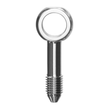Close-up of a straight banjo adaptor with 10mm hole, made of polished metal for high-performance racing applications.