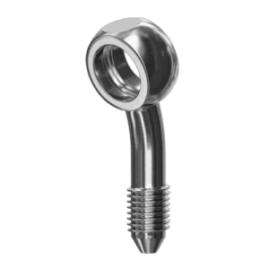 Close-up of a Grand Prix Racewear 20 Degree Banjo Adaptor with 10mm hole, made of polished metal for high-performance racing applications.