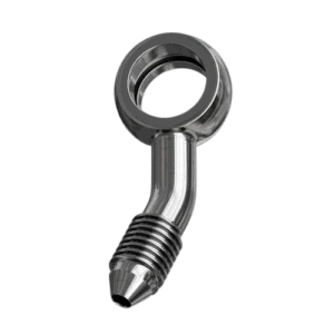 Grand Prix Racewear 20 Degree Right Compound Banjo Adaptor with 10mm hole, made of polished metal for automotive use.