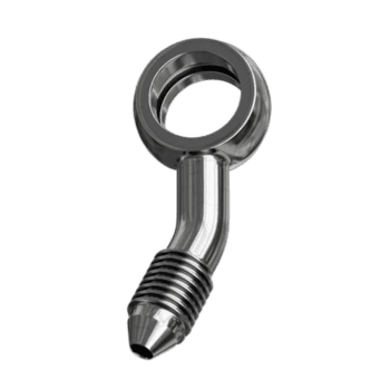 Grand Prix Racewear 20 Degree Right Compound Banjo Adaptor with 10mm hole, made of polished metal for automotive use.