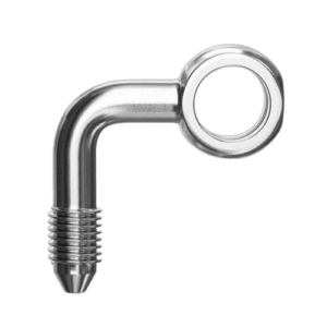 Grand Prix Racewear 90 degree side bend banjo adaptor with 10mm hole, made of polished metal for automotive use.