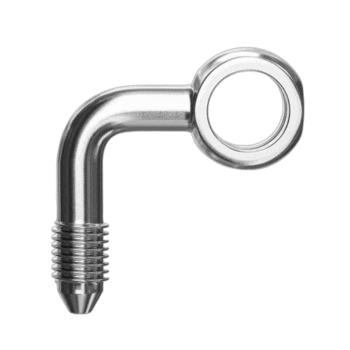 Grand Prix Racewear 90 degree side bend banjo adaptor with 10mm hole, made of polished metal for automotive use.