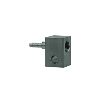 Close-up of a black plastic brake line fitting with a metal connector for automotive use.