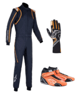 Grand Prix Racewear racing suit, gloves, and shoes for motorsport enthusiasts, featuring high-quality materials and vibrant orange and black design.