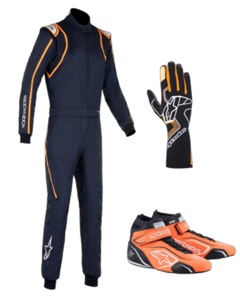 Grand Prix Racewear racing suit, gloves, and shoes for motorsport enthusiasts, featuring high-quality materials and vibrant orange and black design.