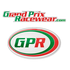 Grand Prix Racewear logo featuring bold green and red text with a racing theme, representing high-quality racing apparel and accessories.