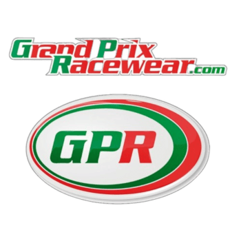 Grand Prix Racewear logo featuring bold green and red text with a racing theme, representing high-quality racing apparel and accessories.