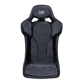 OMP racing seat in black with ergonomic design for motorsport safety and comfort.