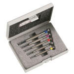 Set of six precision watchmaker screwdrivers with coloured caps in a grey plastic case for slotted head screws.