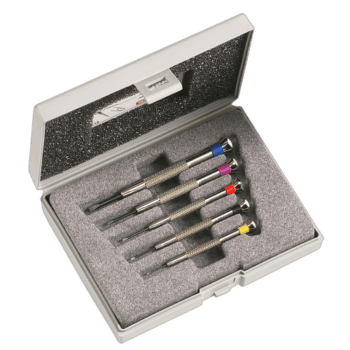 Set of six precision watchmaker screwdrivers with coloured caps in a grey plastic case for slotted head screws.