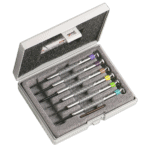 Grand Prix Racewear precision watchmaker screwdriver set with 6 screwdrivers in a protective case.
