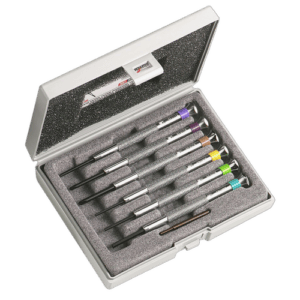 Grand Prix Racewear precision watchmaker screwdriver set with 6 screwdrivers in a protective case.