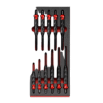 Set of precision screwdrivers with red and black handles, ideal for racewear maintenance and repairs.
