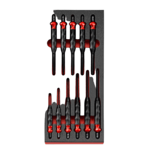 Set of precision screwdrivers with red and black handles, ideal for racewear maintenance and repairs.