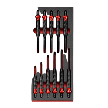 Set of precision screwdrivers with red and black handles, ideal for racewear maintenance and repairs.