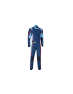 Blue and black Grand Prix racing suit with red accents, designed for professional motorsport drivers, featuring protective padding and aerodynamic fit.