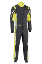 Grand Prix Racewear racing suit in black and yellow with protective padding, ideal for motorsport enthusiasts and professional drivers.